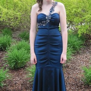 Navy & Silver One Shoulder Mermaid Prom Dress
